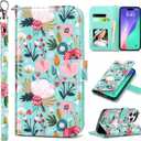 ULAK Compatible with iPhone 16 Pro Max Wallet Case with Card Holder, [RFID Blocking] PU Leather Case with Kickstand Card Slots Wrist Strap, Durable Shockproof Protective Cover 6.9 Inch, Mint Floral