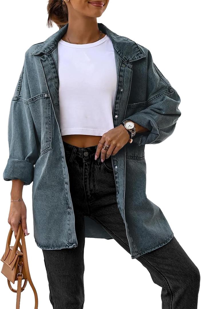 Saodimallsu Women's Oversized Denim Jackets Casual Button Down Long Boyfriend Jean Coats with Pockets (Large, Navy)