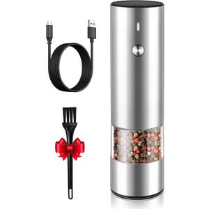 Electric Pepper Grinder or Salt Grinder Mill - USB Rechargeable - Durable Modern Style - Automatic Black Peppercorn or Sea Salt Spice Mill with Adjustable Coarseness - One Grinder Included (Stainless Steel - Single)