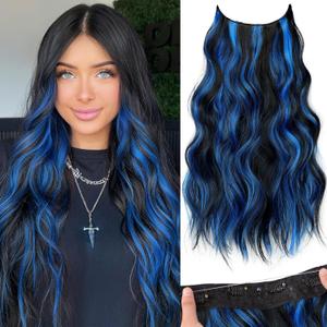 KooKaStyle Invisible Wire Hair Extensions with Transparent Headband Adjustable Size 4 Secure Clips Long Wavy Highlight Synthetic Hairpiece 20 Inch Black with Blue for Women