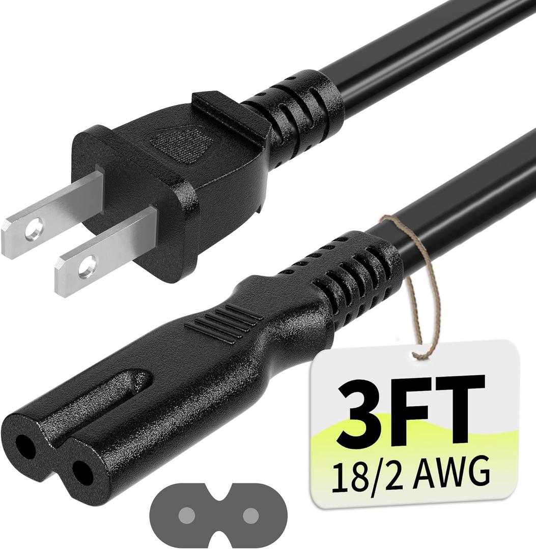 Vockjour 2 Prong AC Power Cord 3Ft Black, Universal Power Cable Replacement for Sony PS5/PS4/PS3 Slim, PlayStation 5 4 3, Xbox One X/S, Xbox Series X/S, TV, Printer-ETL Listed