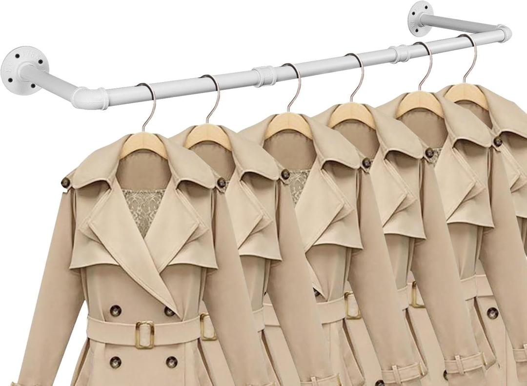 Industrial Iron Pipe Clothes Hanging Bar DIY Wall-Mounted Garment Rack Heavy Duty Clothing Rack for Bedroom, Laundry Room, Closet Storage (White 36 inch) White