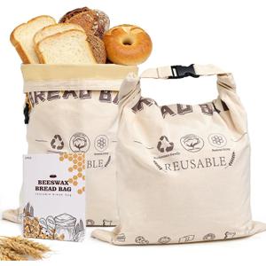 Beeswax Bread Bags Natural Beeswax-Lined Cotton Storage Reusable Sourdough bread bags Bakery Essentials Freshness Keeper for Homemade (2 Pack)