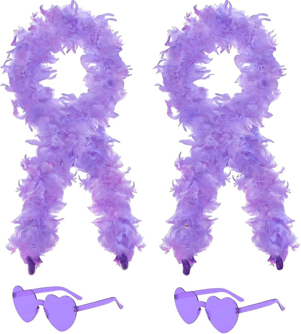 2 Pcs Feather Boas with Heart Rimless Sunglasses4 ft Feather Boa Halloween Christmas Bachelor Party Pack Accessory