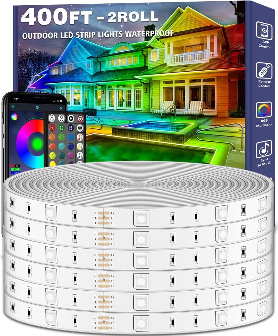 talkhigh 400ft Outdoor LED Strip Lights Waterproof,IP68 Outside Led Light Strips Waterproof with App and Remote,Music Sync RGB Exterior Led Rope Lights with Self Adhesive Back for Roof,Deck