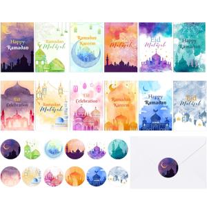Cholemy 24 Pack Eid Mubarak Cards Happy Ramadan Greeting Cards with Stickers Envelopes Assorted Eid Al-Fitr Gift Set for Ramadan Mubarak Party Decorations Invitations Favors Celebration Supplies