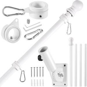 BONWIN White Flag Pole Kit for House, 5 FT Thickened Stainless Steel Porch Wall Mount Flagpole for 3x5' Flag, 1" Tangle Free Rotating Flag Pole Rings & 180 Adjustable Multi-Positions Bracket Holder