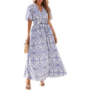 KIRUNDO Women Puff Sleeve Boho Floral Maxi Dress 2025 Spring Summer Button Shirt V Neck Flowy Belted Beach Vacation Dresses (Small, Blue)