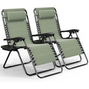 Nestl Zero Gravity Chairs Set of 2, Patio Lounge Chair Outdoor with Pillows & Cup Holder Trays - Sage Green