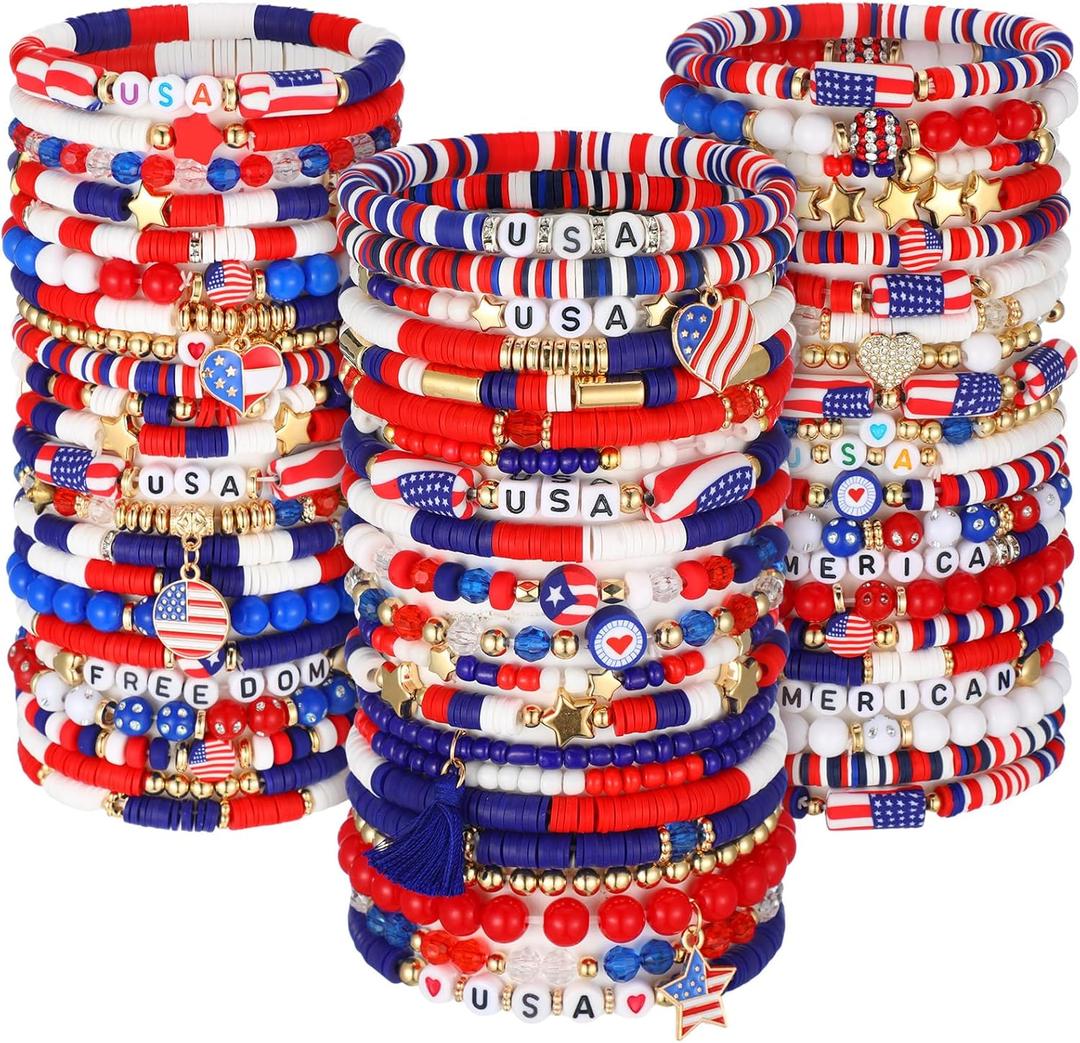 Landical 64 Pieces 4th of July Beaded Bracelets Patriotic Red White and Blue Bracelets American Flag USA Stackable Clay Stretch Friendship Beaded Jewelry Outfits for Women Accessories