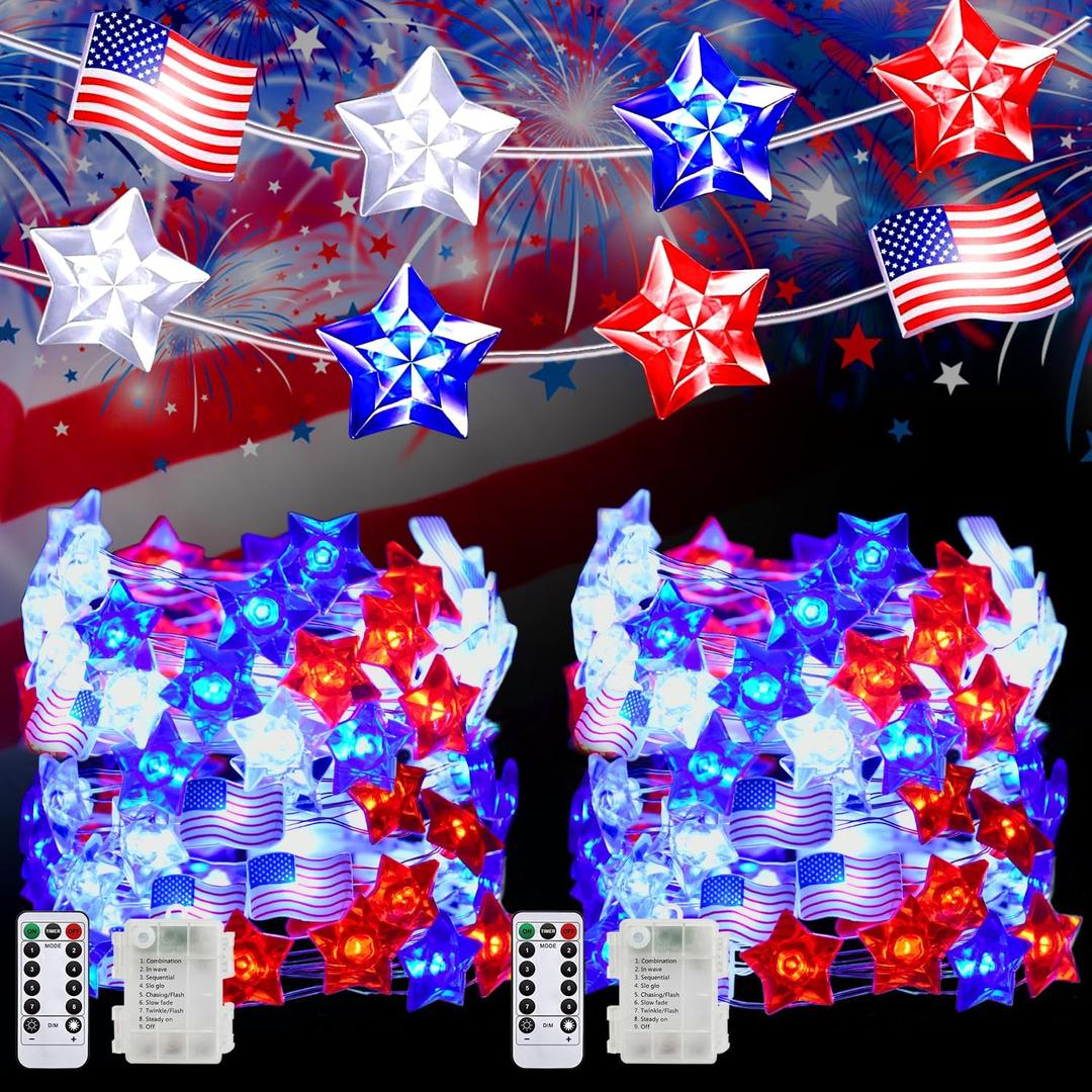 PASUTO 2 Pcs 100 LED 4th of July Decorations American Flag & Star Fairy Lights Battery Operated, 34Ft Mini Red White and Blue Lights Remote Timer with 8 Modes for Home Memorial Day Patriotic Decor