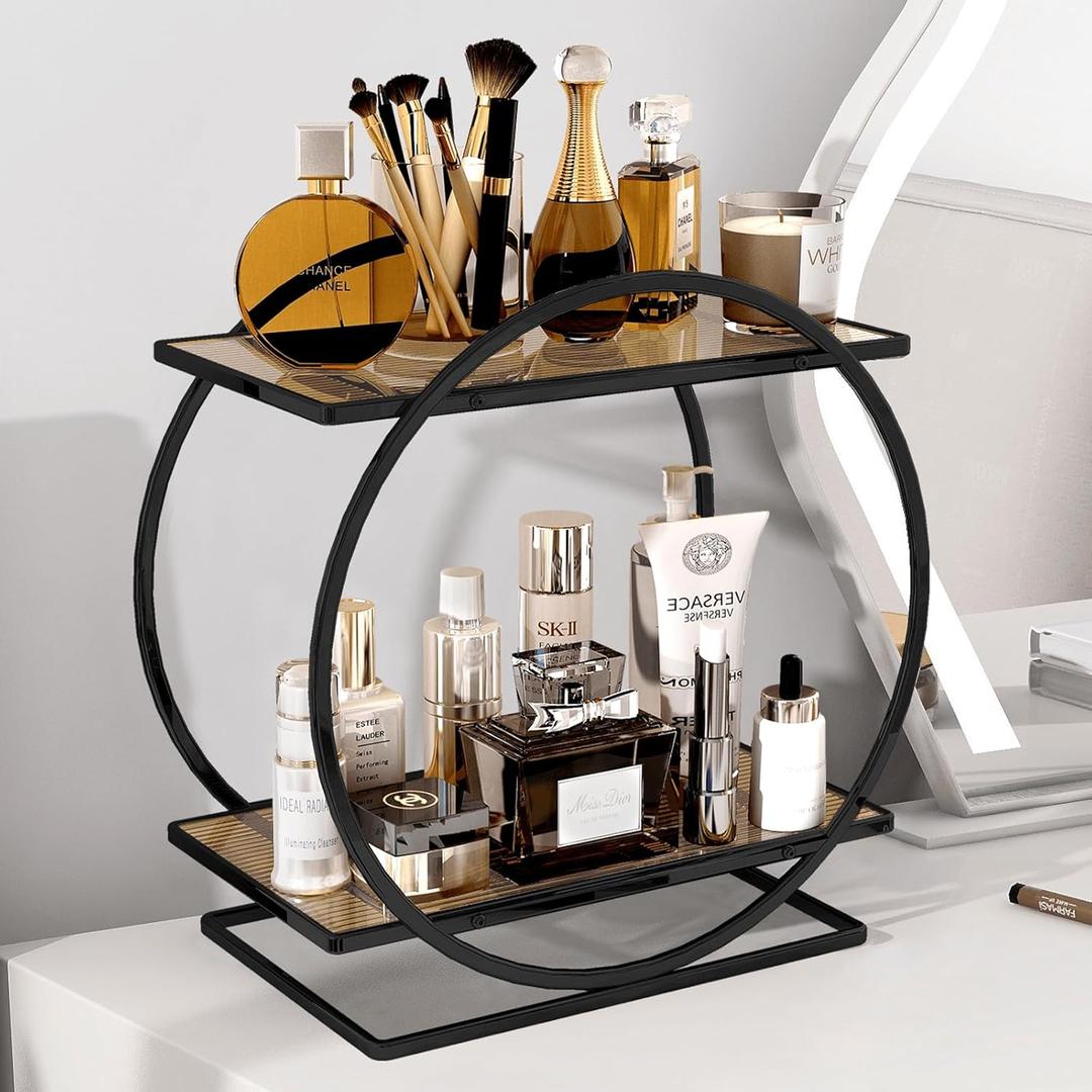 YIWANFW Perfume Organizer for Dresser, Black Bathroom Counter Organizer, 2 Tier Vanity Makeup Organizer, Bathroom Organizer and Storage for Skincare Cosmetic Perfume Display Stand for Bedroom Decor