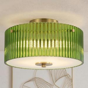 AUQUEE 13.8" Gold Flush Mount Ceiling Light, 3-Light Vintage Green Ribbed Glass Light Fixtures Ceiling Mount, Anti-Glare Close to Ceiling Lamp for Kitchen, Bedroom, Hallway, Entryway, Living Room, Large