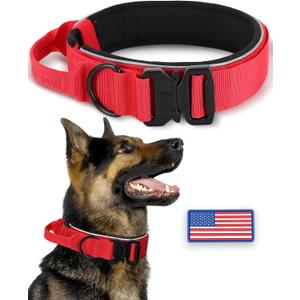 Thick Wide Reflective Heavy Duty Red Dog Collar for Medium Large Strong Dogs, Durable Dog Collar with Quick Release Metal Buckle and Soft Padded, Adjustable Nylon Dog Collar for Night Walking (L: Width 1.7", Length 16.5"-20")