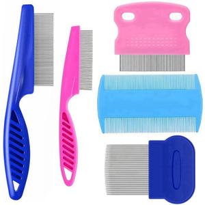 5 Pack Flea Lice Comb,Stainless Steel Dog Cat Grooming Combs with Rounded Teeth,Double Sided Professional Pet Tear Stain Remover,Dematting Tool for Small, Ideal for all pet (Blue,Pink)