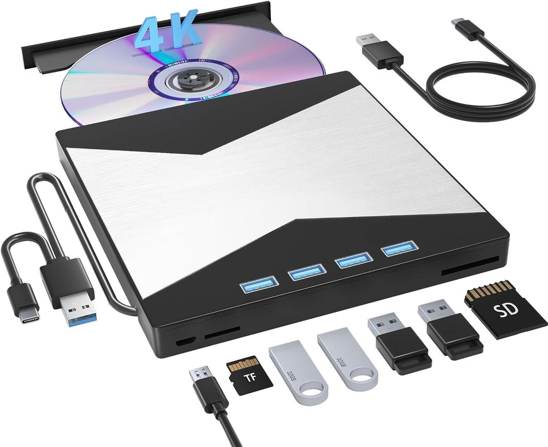 External Blu Ray Drives, 4K Portable Blu Ray Burner USB 3.0 Type-C UHD BD Player with SD/TF Port, CD/DVD Burner R/W 3D Blu Ray Drive, External 4k Blu Ray Drive Compatible with Windows Mac OS Laptop