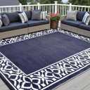 PureCozy Outdoor Plastic Straw Rug Navy Blue Large Outside Waterproof Outdoor Patio 9x12 Carpet Geometric Reversible Mat Modern for Camping RV Porch Deck Balcony Beach