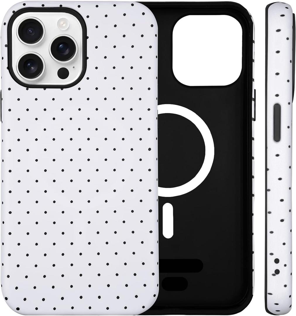 for iPhone 14 Pro Case Cute Polka Dot Phone Case Compatible with MagSafe, Dual-Layer Shock Protection (Hard PC + Silicone) - Aesthetic Protective Phone Cover for Women Girls, White