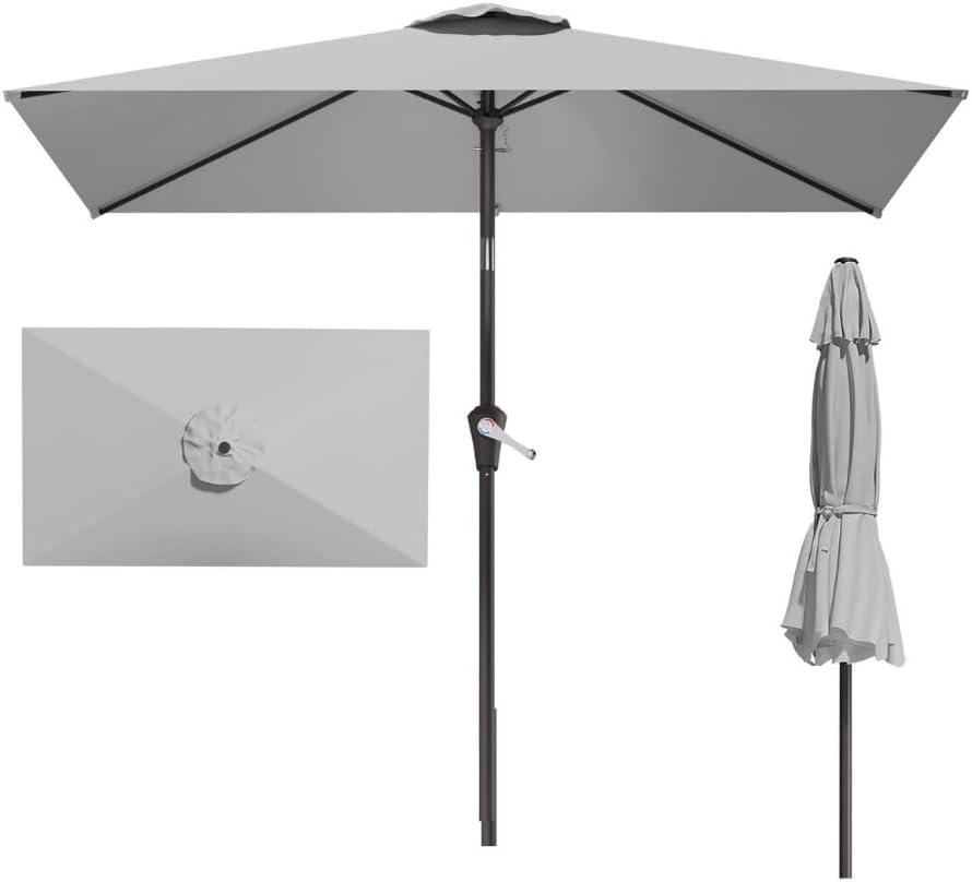 Patio Kingdom 6.5' x 10' Rectangular Patio Umbrella Large Outdoor Market Umbrella w/UV Protection, Push Button Tilt and Crank Lift, Rectangle Table Umbrella for Garden, Deck, Pool, Patio, Light Gray