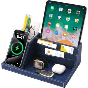 Desk Organizer with Charging Station, Nightstand Organizer Phone Docking Station, Men Gift Husband Wife Anniversary Dad Birthday Nightstand Purse Father Graduation Male Travel Idea Gadgets (Blue)