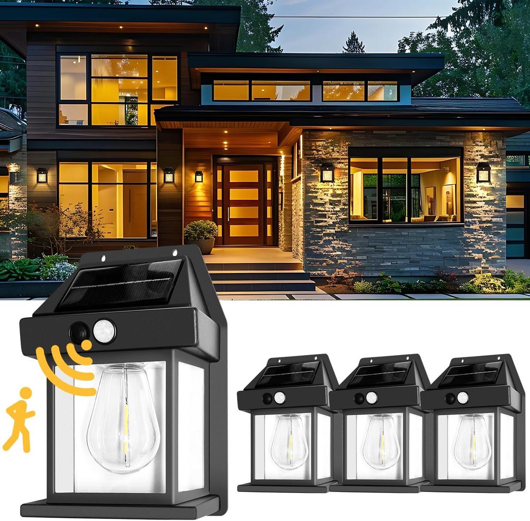 pearlstar Solar Wall Lights Outdoor,Dusk to Dawn Porch Lights Fixture,Solar Wall Lantern with 3 Modes & Motion Sensor,Waterproof Outdoors Motion Light for Garden Yard Patio Fence Outside Decorative (4 Pack)