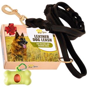 ADITYNA Double Handle Leather Dog Leash 6ft - Heavy Duty Braided Leash with Traffic Handle - Lead for Training and Walking Large & Medium Dogs (Two Handles 6 foot x 3/4", Black)