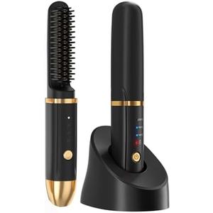 Cordless Hair Straightener Brush, Portable Straightener Brush, Negative Ion Mini Hot Straightening Comb for Women, Auto Power Off, Travel Straightener with Dock, Fast Charger, Anti-Scald (Black)