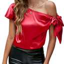 VIDUSSA Women's Off Shoulder Silk Tops Casual Short Sleeve Asymmetrical Neck Satin Blouse Shirts (X-Large, Red)