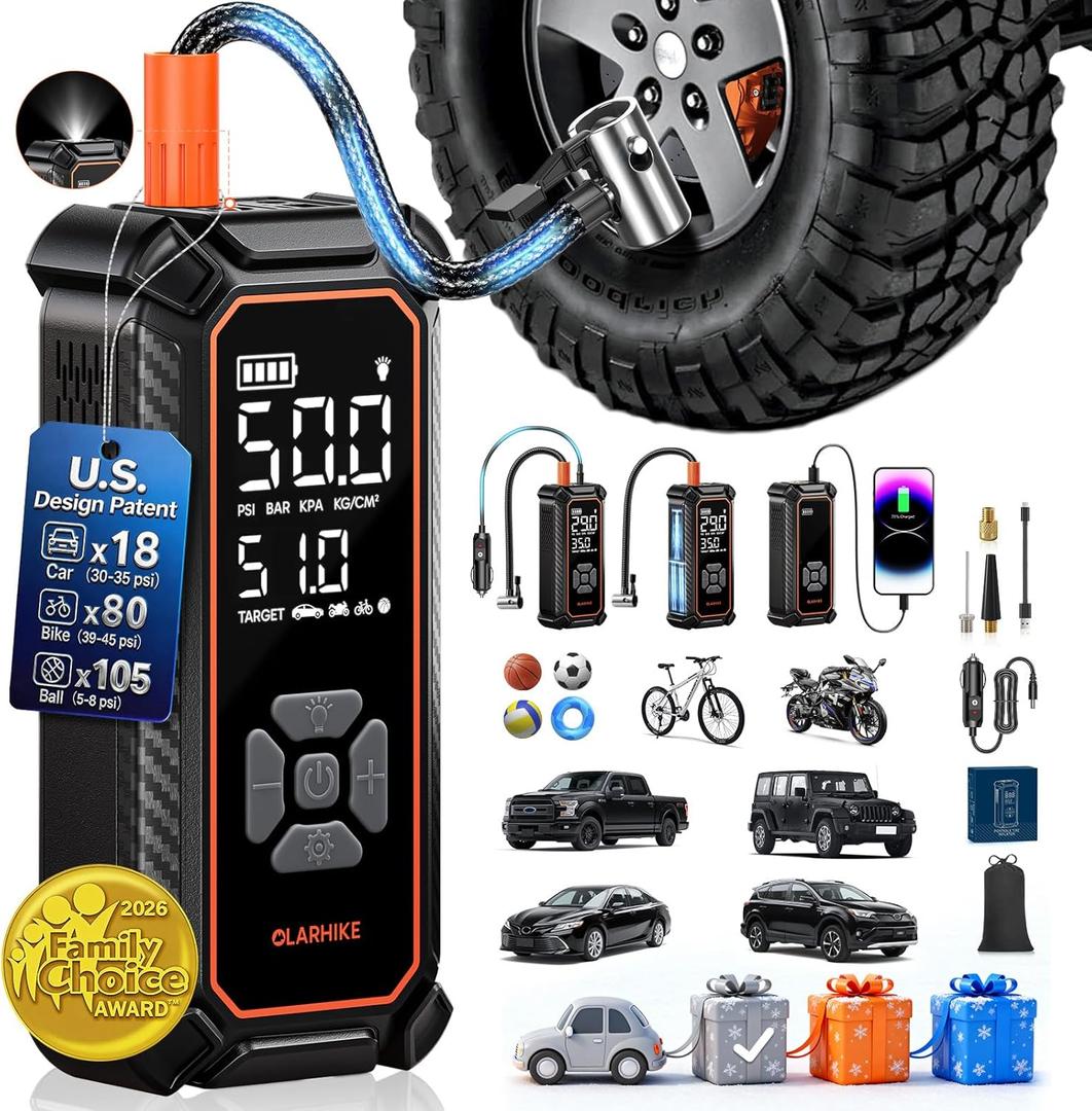 OlarHike Tire Inflator Portable Air Compressor, Dual Power - 6000mAh & 12V DC, Cordless Air Pump for Car Tires, Bikes, Motorcycle, Balls with LED & Digital Pressure Gauge, Auto Shut-off (6000 (Large Capacity))