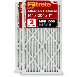 Filtrete 14x20x1 AC Furnace Air Filter, MERV 11, MPR 1000, Micro Allergen Defense, 3-Month Pleated 1-Inch Electrostatic Air Cleaning Filter, 2 Pack (Actual Size 13.781 x 19.781 x 0.84 in)
