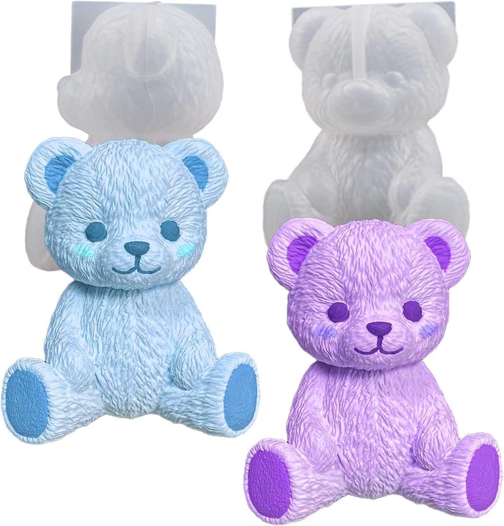 2Pcs Bear Silicone Resin Molds - 3D Bear Resin Candle & Soap Molds for Cute Animal Epoxy Resin Casting, Fondant, Chocolate, Cake Decoration DIY Supplies
