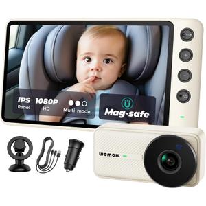 NO.1 Magnetic Baby Car Camera with 1080P IPS Monitor, Auto Night Vision & Magnetic Mount 5" Display, Zoom/Mirror Modes, USB Powered, 5-Minute Setup, for Rear-Facing Infant, White