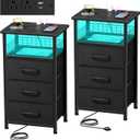 Night Stand Set 2 with Charging Station, End Table Set of 2 with 20 Colors LED Light Strip, 3 Fabric Drawers, Bedside Table with USB Ports and Outlets for Bedroom (Black)