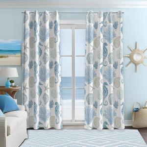 weesire Nautical Coastal Curtains Decorative Beach Ocean Seahorse Coral 50% Light Blocking Sea Darkening Grommet Curtain for Villa Living Room, Bedroom Navy Blue and White 2 Panels Set, 52x84 Inches