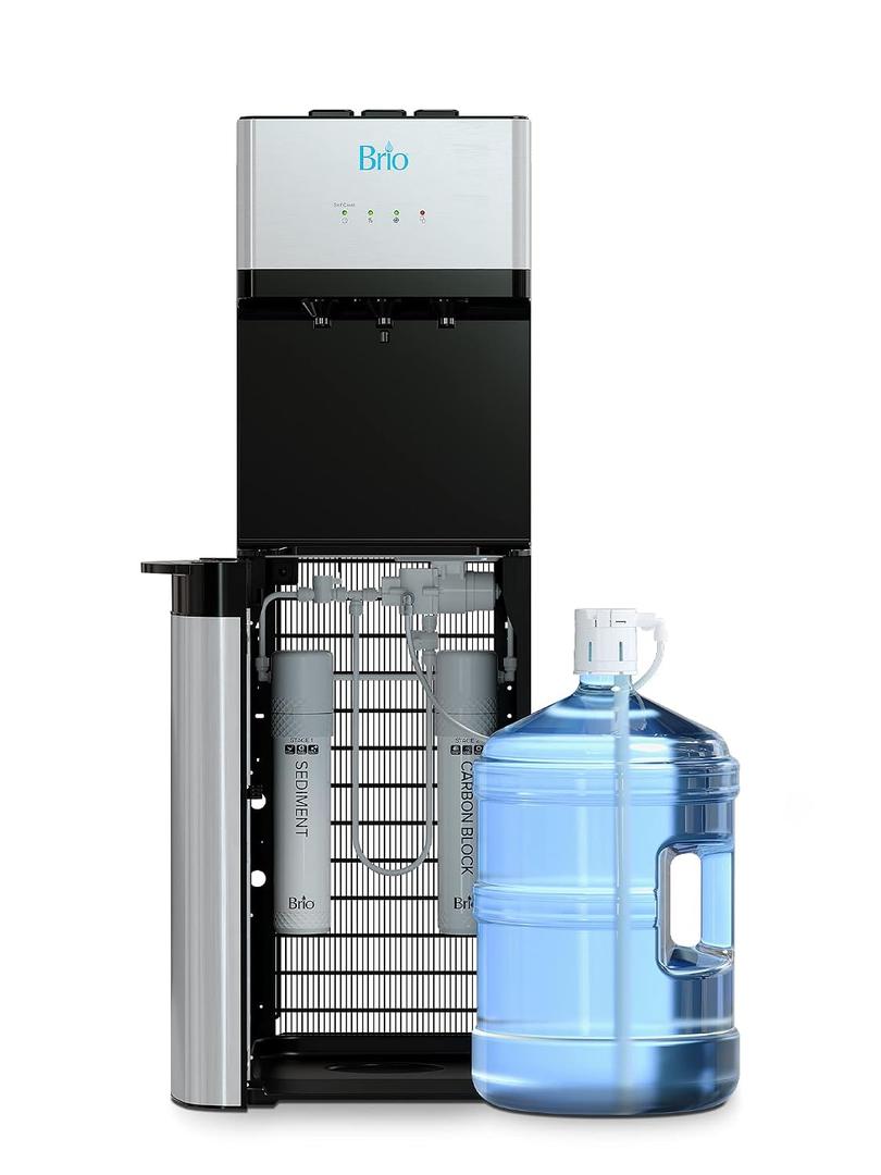 Brio 520 Bottom Load Water Cooler Dispenser for 5 Gallon Bottle w/ 2 Stage Filter | Hot Cold & Room Temp Water Options for Home & Office | Removes Chlorine, VOC's, Bad Taste & Chemicals