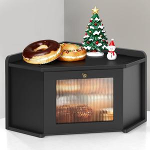 Corner Bread Box for Kitchen Countertop, Wooden Bread Storage for Homemade Bread, Rustic Breadbox with Acrylic Wavy Door, Bread Container for Kitchen Counter Cabinet, Pantry, Cupboard