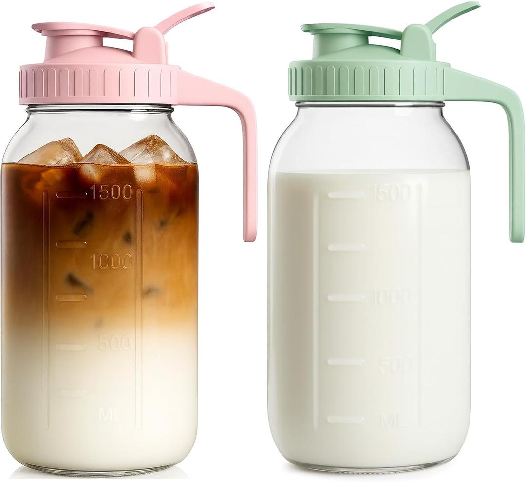 2 Pack - 64oz Glass Breast Milk Pitcher with Lid & Spout, Leakproof Mason Jar Breastmilk Pitcher - Wide Mouth, Airtight 2 Quart Water Jug for Milk Storage, Breastmilk, Sun Tea, Iced Coffee, Juice