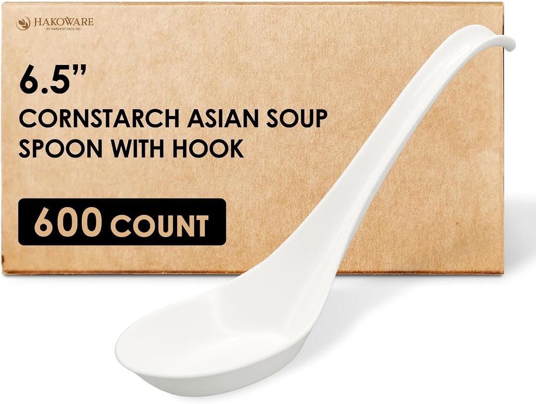 [600 COUNT] HAKOWARE Disposable Asian Soup Spoons with Hook, Plastic-Free Heavy Duty Spoons, made from Crystalized Cornstarch, for Take-out Ramen Pho Noodles