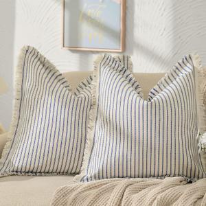 ZWJD Throw Pillow Covers 20x20 Set of 2 Striped Pillow Covers with Fringe Chic Cotton Decorative Pillows Square Cushion Covers for Sofa Couch Bed Living Room Farmhouse Decor