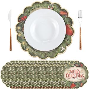 Vesici 100 Pcs Christmas Paper Placemats Disposable 13 Inch Merry Christmas Paper Place Mats Decorative Round Table Mats for Winter Holiday Birthday Wedding Baby Shower Party Supplies