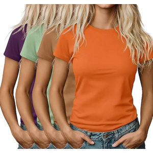  Ficerd 4 Pack Women's Basic Short Sleeve Shirts Slim Fitted Crew Neck Tees Casual Cotton Blend Summer Tops (XXL, Orange, Light Green, Light Purple, Light Brown)