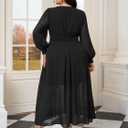 SCOMCHIC Womens Plus Size Formal Dresses Chiffon Wedding Guest Long Sleeve V Neck Smocked Flowy Slit Maxi Dress