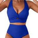Herseas Women's Textured Bikini Sets Twist Front Top Swimsuits High Waisted Bathing Suits (Blue, L)