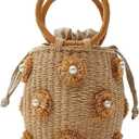 Flower Pearls Rattan Tote Bag Summer Beach Drawstring Straw Bucket Bag Diamonds Woven Handbag
