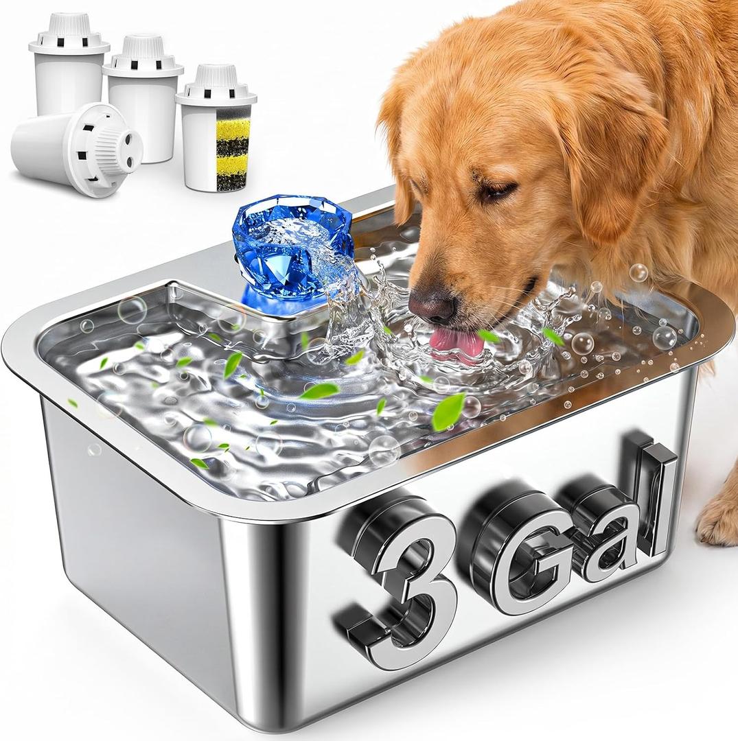 PETNF Dog Water Fountain, 3Gal Stainless Steel Pet Water Dispenser with 4-Stage Filtration, Ultra-Quiet Pump & Circulating Flow, Ideal for Large Dogs Multi-Pet Home, Perfect for Long Trips & Daily Use