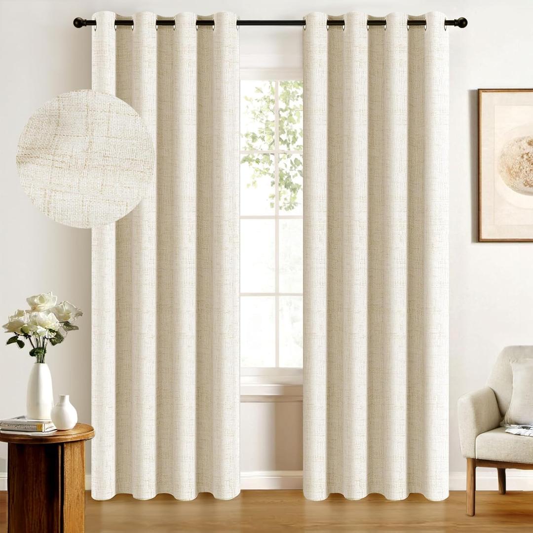 100% Blackout Shield Linen Blackout Curtains for Bedroom, Cream Grommet Curtains for Living Room, Thermal Insulated Room Darkening Drapes for Nursery, Fall Home Decor, 50" W x 96" L, 2 Panels