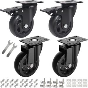 4 Inch Casters Set of 4 Heavy Duty,Heavy Duty Casters with Brake, Dual Locking Polyurethane Plate Caster Wheels for Cart, Load 2000lbs (2PCS Locking Swivel Casters+2PCS Swivel Casters Without Lock)
