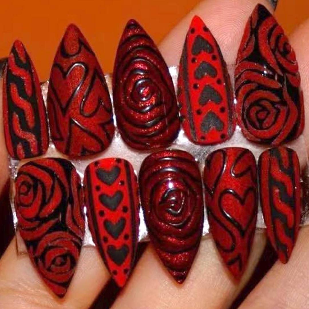 30Pcs Valentines Press on Nails Medium Almond Fake Nails Press ons Red Sparkling Designs False Nails Tip Red Glitter Full Cover Black Heart Rose Flower Glossy Artificial Stick on Nails for Women
