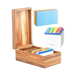 Neando 3x5 Index Card Organizer Box with Lid – Acacia Wood Note Card Holder with 200 Cards & 20 Dividers, Holds 600 Cards, 4 Compartments, Magnetic Closure – Desktop Storage for Study, Office, Recipes