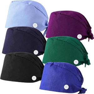 Syhood 6 Pieces Bouffant Caps with Buttons and Sweatband Adjustable Gourd-Shaped Tie Back Hats for Women Men